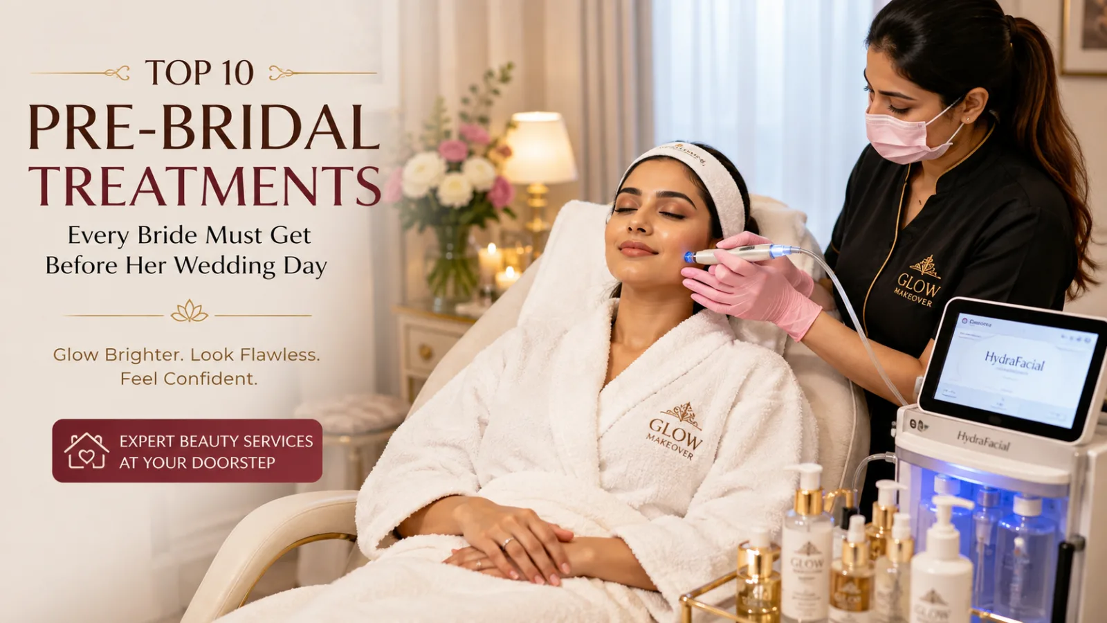 Bride receiving pre bridal skincare treatment at home for glowing wedding day skin
